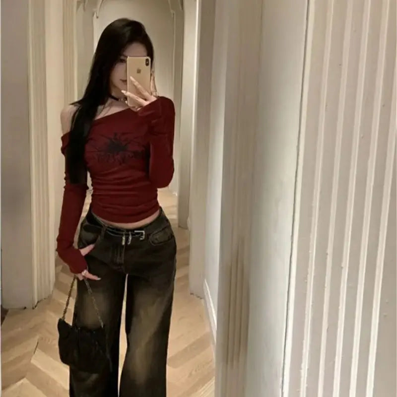 Women Y2K Gothic Grunge T Shirts Off Shoulder 2023 Autumn Streetwear Fairycore Hip Hop Tops Punk Casual Tees Female Clothes