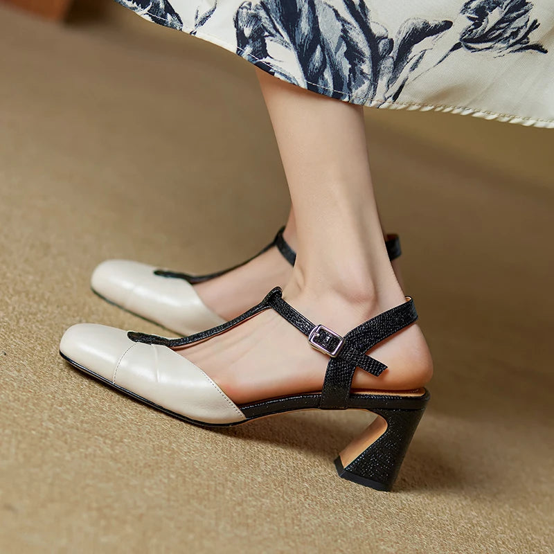 2025 Summer Women Shoes Genuine Leather Shoes for Women Square Toe Chunky Heel Women Sandals Retro Cover Toe Ankle Strap Shoes