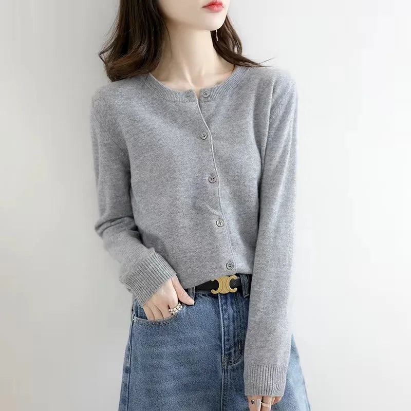Women's round neck loose fitting slimming cardigan sweater, spring and autumn knitted cardigan, solid color versatile top