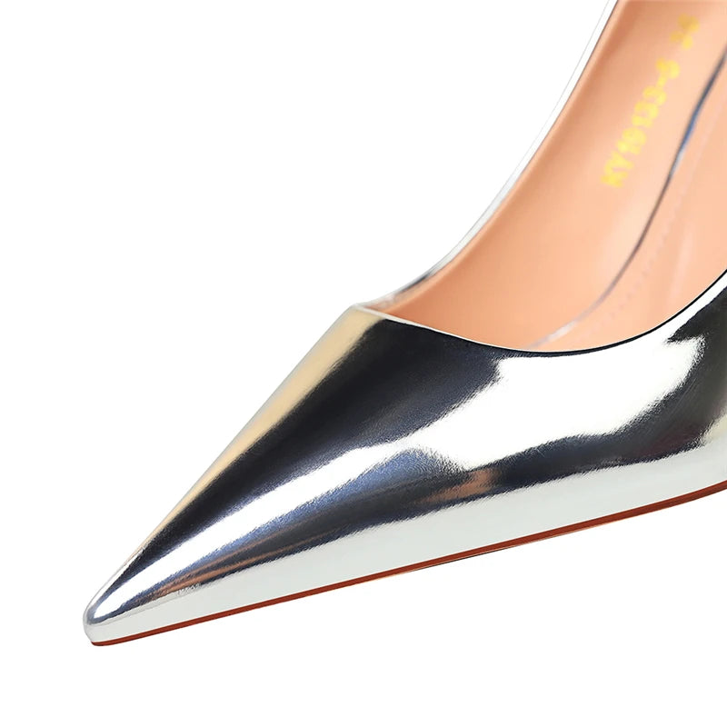 Women Patent Leather Pumps 7.5cm 10.5cm High Heels Lady Stiletto Low Heels Wedding Bridal Mteallic Silver Gold Sparkly Shoes