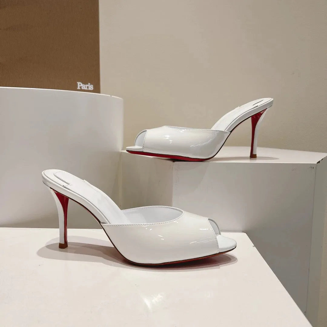 2026 New Black Fish Mouth Ultra High Women's Shoes, Sexy High Heels, Wearing Straight Pointed Lacquer Leather Open Toed Slippers