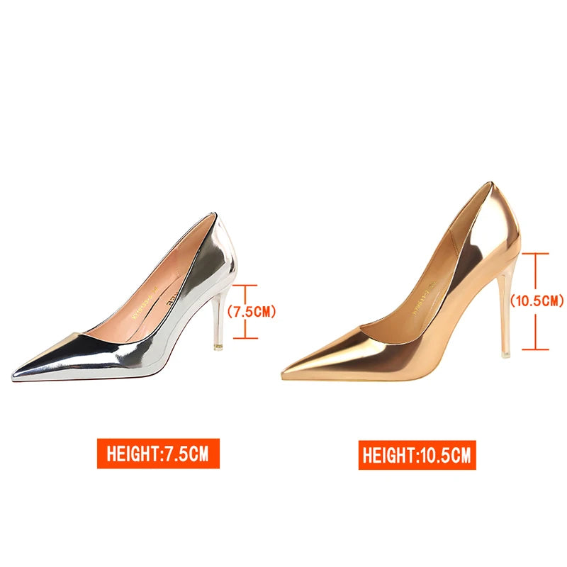 Women Patent Leather Pumps 7.5cm 10.5cm High Heels Lady Stiletto Low Heels Wedding Bridal Mteallic Silver Gold Sparkly Shoes