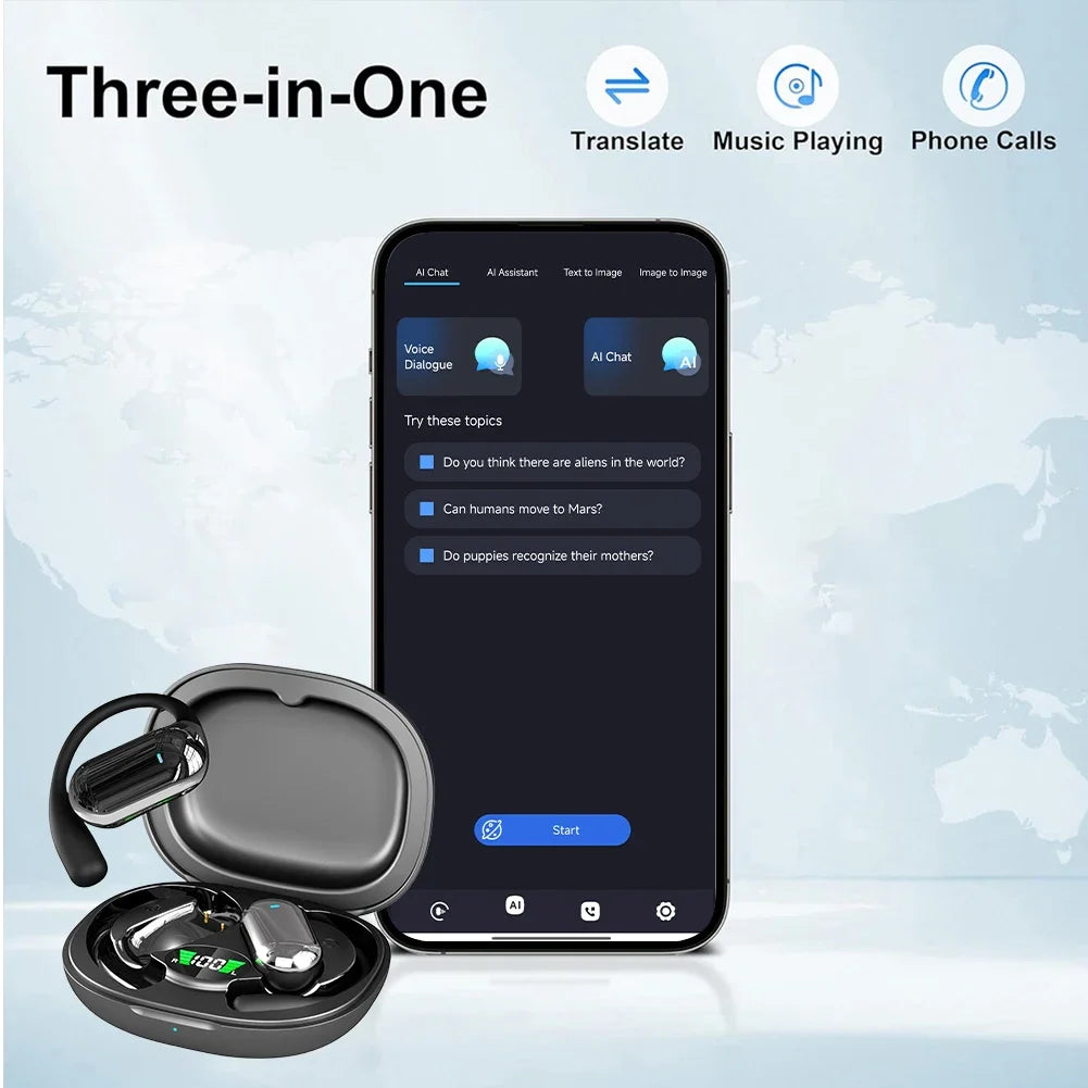 AI Translator Earbuds Real-Time Voice Translator 144 Languages Instant Translation Noise Canceling Wireless Bluetooth Headphones