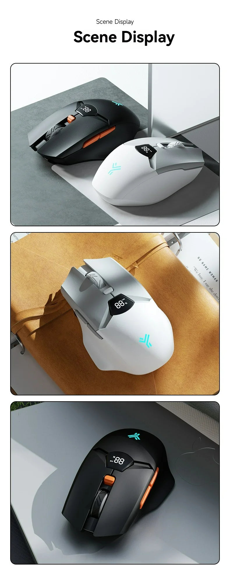 2.4G Bluetooth wireless mouse screen display power 600mAh large capacity battery, light tone buttons for gaming and office
