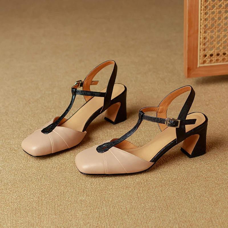2025 Summer Women Shoes Genuine Leather Shoes for Women Square Toe Chunky Heel Women Sandals Retro Cover Toe Ankle Strap Shoes