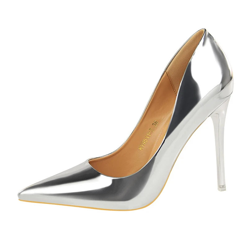 Women Patent Leather Pumps 7.5cm 10.5cm High Heels Lady Stiletto Low Heels Wedding Bridal Mteallic Silver Gold Sparkly Shoes