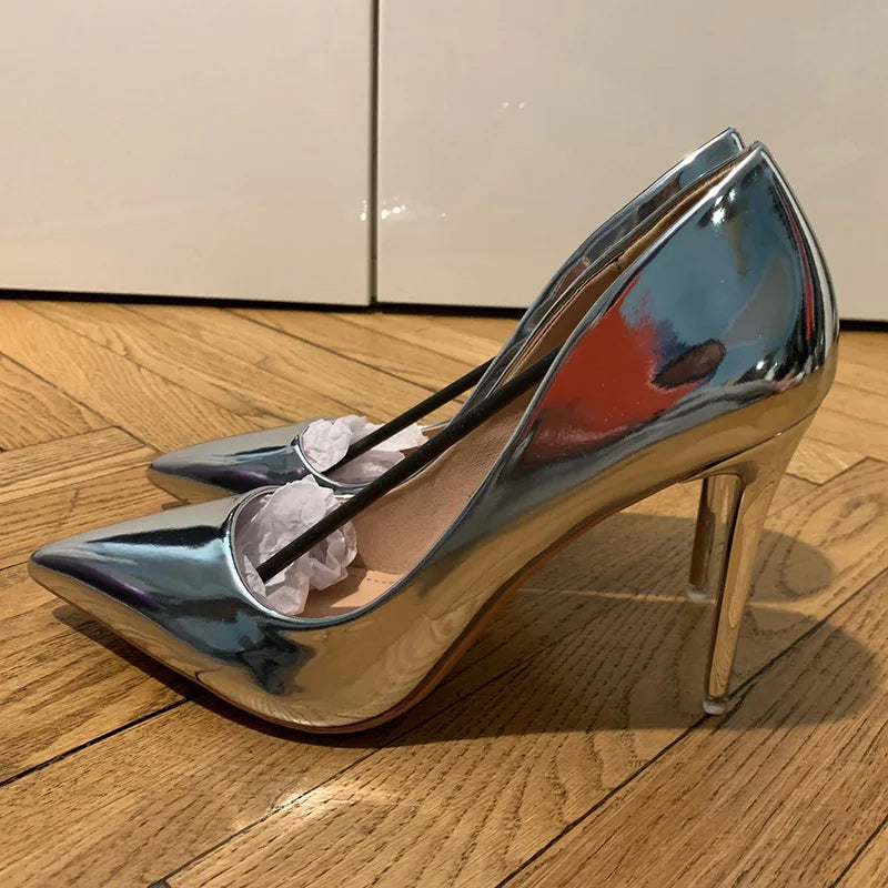 Women Patent Leather Pumps 7.5cm 10.5cm High Heels Lady Stiletto Low Heels Wedding Bridal Mteallic Silver Gold Sparkly Shoes