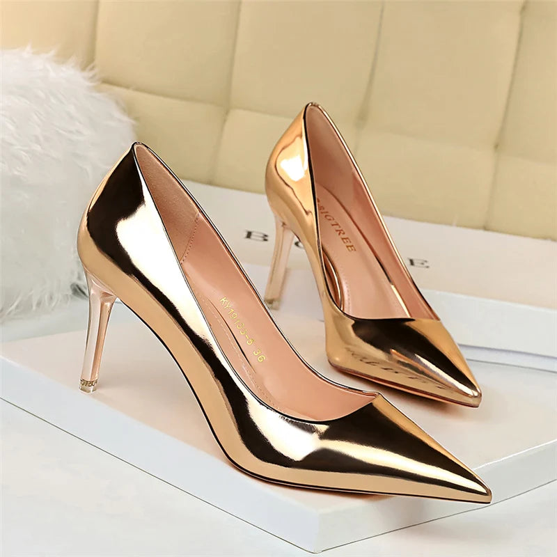 Women Patent Leather Pumps 7.5cm 10.5cm High Heels Lady Stiletto Low Heels Wedding Bridal Mteallic Silver Gold Sparkly Shoes