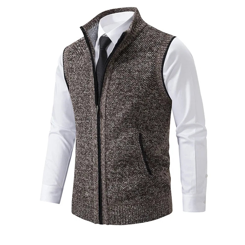 Men's Knitted Sleeveless Sweater Cardigan Zipper Sweater Vest Casual Sleeveless Warm Jacket Slim Fit Stand Collar Sweatercoat
