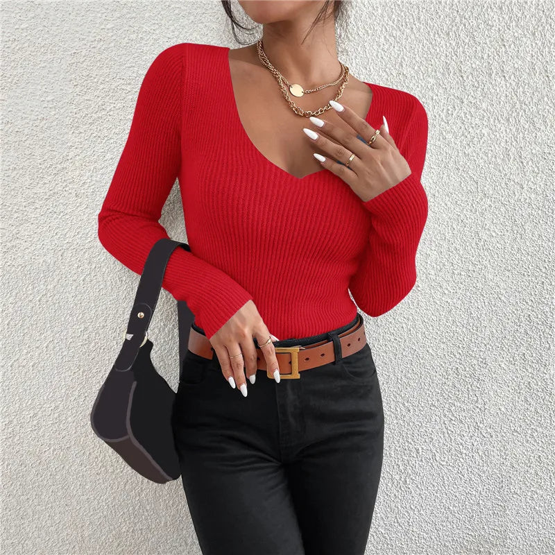 2026 Autumn Winter Women Solid Rib Knit V Neck Stripe Pull Sweater Femme Y2k Long Sleeve Pullover Jersey Tops Fashion Clothes