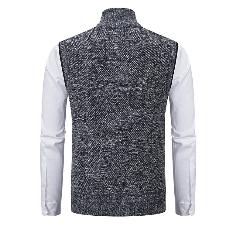 Men's Knitted Sleeveless Sweater Cardigan Zipper Sweater Vest Casual Sleeveless Warm Jacket Slim Fit Stand Collar Sweatercoat