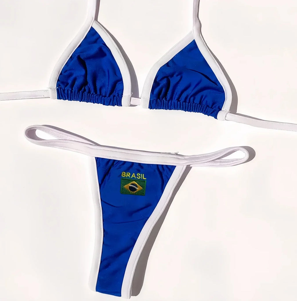 Embroidery Brasil Flag Contrast Split Bikini Set Women Swimwear Patchwork Swimsuit Hottie Outfit SummerBeachwear