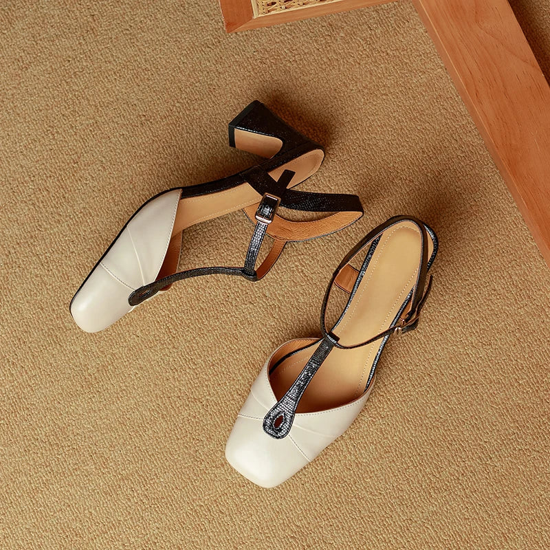 2025 Summer Women Shoes Genuine Leather Shoes for Women Square Toe Chunky Heel Women Sandals Retro Cover Toe Ankle Strap Shoes