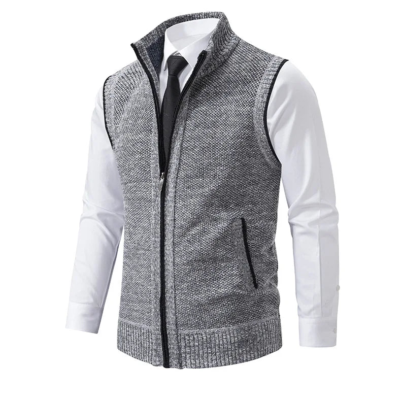 Men's Knitted Sleeveless Sweater Cardigan Zipper Sweater Vest Casual Sleeveless Warm Jacket Slim Fit Stand Collar Sweatercoat