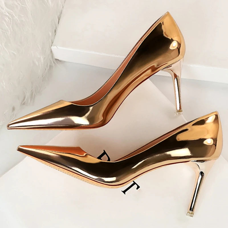Women Patent Leather Pumps 7.5cm 10.5cm High Heels Lady Stiletto Low Heels Wedding Bridal Mteallic Silver Gold Sparkly Shoes
