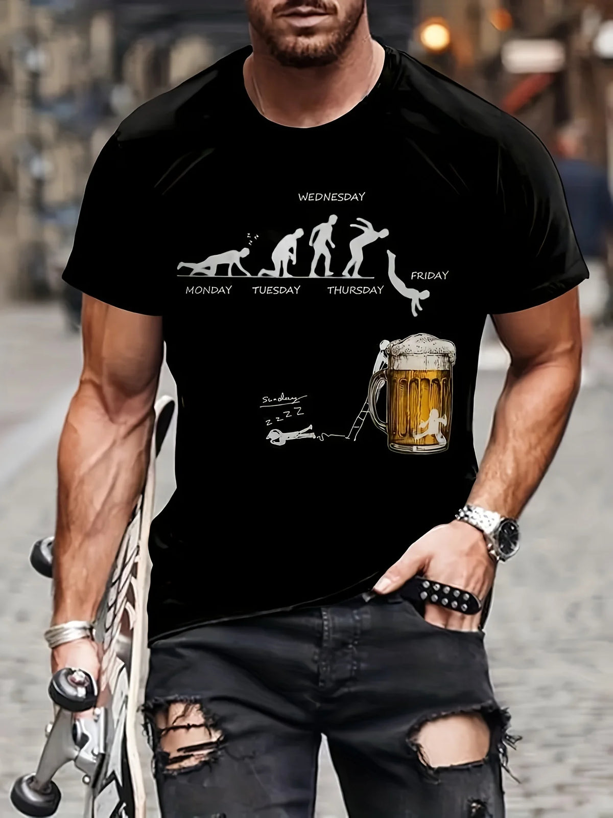 Men's Summer 100 Cotton Fashionable Casual Loose Large Fun Beer Pattern Printed Sports Round Neck Short Sleeve T-shirt Top