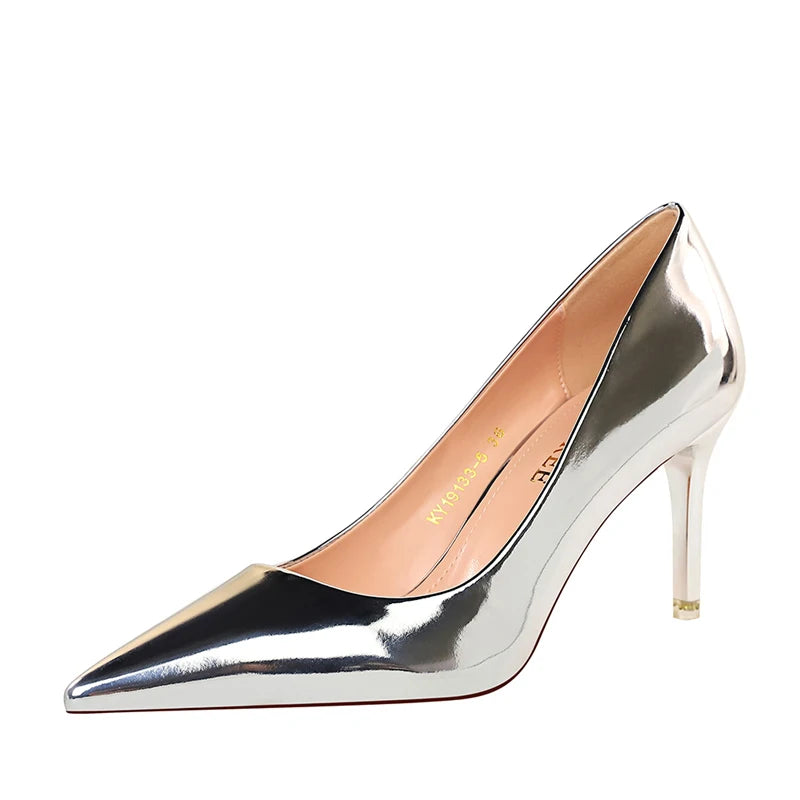 Women Patent Leather Pumps 7.5cm 10.5cm High Heels Lady Stiletto Low Heels Wedding Bridal Mteallic Silver Gold Sparkly Shoes