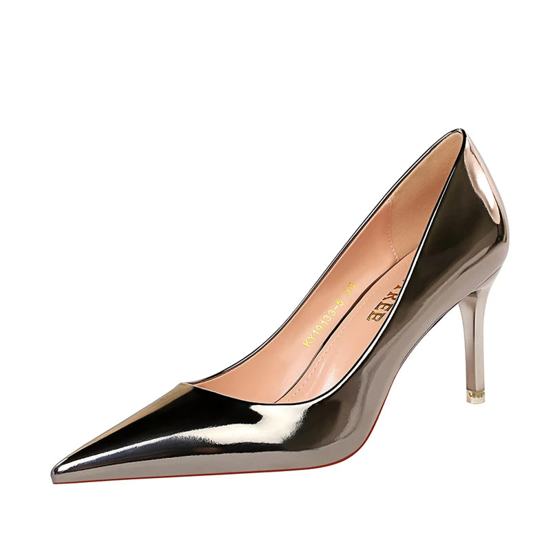 Women Patent Leather Pumps 7.5cm 10.5cm High Heels Lady Stiletto Low Heels Wedding Bridal Mteallic Silver Gold Sparkly Shoes