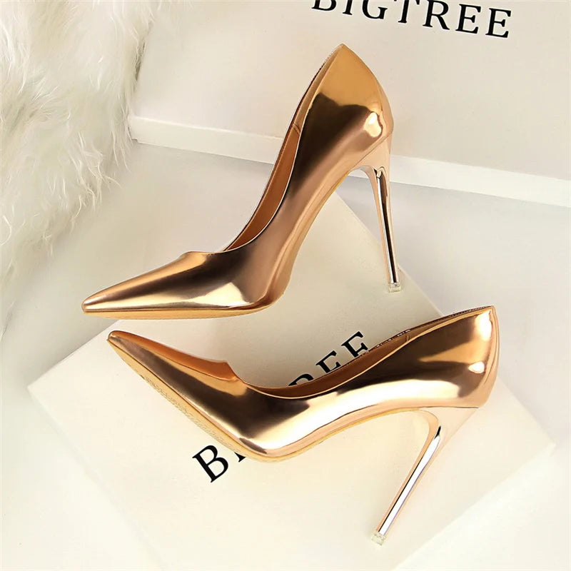 Women Patent Leather Pumps 7.5cm 10.5cm High Heels Lady Stiletto Low Heels Wedding Bridal Mteallic Silver Gold Sparkly Shoes