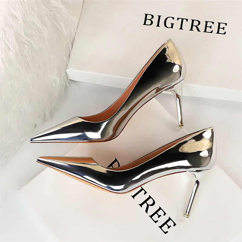 Women Patent Leather Pumps 7.5cm 10.5cm High Heels Lady Stiletto Low Heels Wedding Bridal Mteallic Silver Gold Sparkly Shoes
