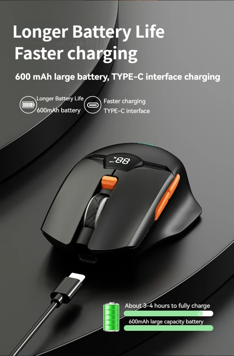 2.4G Bluetooth wireless mouse screen display power 600mAh large capacity battery, light tone buttons for gaming and office
