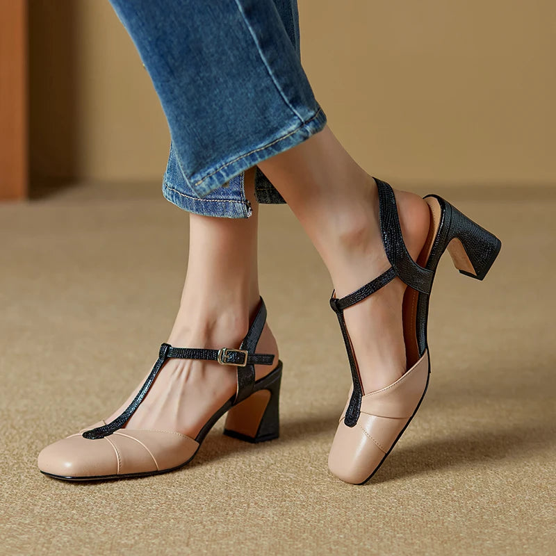 2025 Summer Women Shoes Genuine Leather Shoes for Women Square Toe Chunky Heel Women Sandals Retro Cover Toe Ankle Strap Shoes