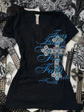 Rock Gothic Streetwear Letter Cross Graphic T shirts Gyaru 2000s Clothes Harajuku Top Women V-neck Tees Sweet Y2k Vintage tshirt